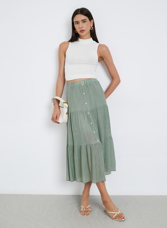Take Two Khaki Button Detail Tiered Midi Skirt - Image 1