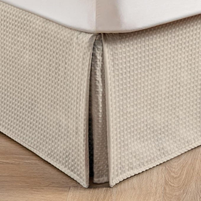 PLEATED WAFFLE WEAVE BED SKIRT TAILORED DUST RUFFLE 14 INCH DROP EASY FIT MACHINE WASHABLE CREAM QUEEN 14 DROP