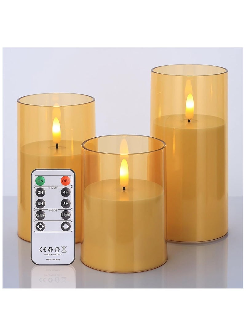 Battery Operated LED Candles - Realistic Acrylic Flickering Flameless with Remote Timer, Gold Pillar Electric for Home Decor, Wedding, Party, Holiday Festival, Set of 3  - Image 1