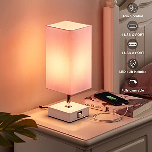 Ambimall Touch Control Table Lamp with 2 USB Charging Ports, 3 Way Touch Lamps Beside Desk, Nightstand Lamp for Bedrooms Living Room, Pink Shade with White Base, LED Bulb Included(Pink) - Image 3