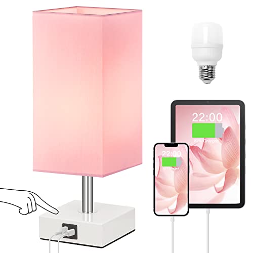 Ambimall Touch Control Table Lamp with 2 USB Charging Ports, 3 Way Touch Lamps Beside Desk, Nightstand Lamp for Bedrooms Living Room, Pink Shade with White Base, LED Bulb Included(Pink) - Image 1