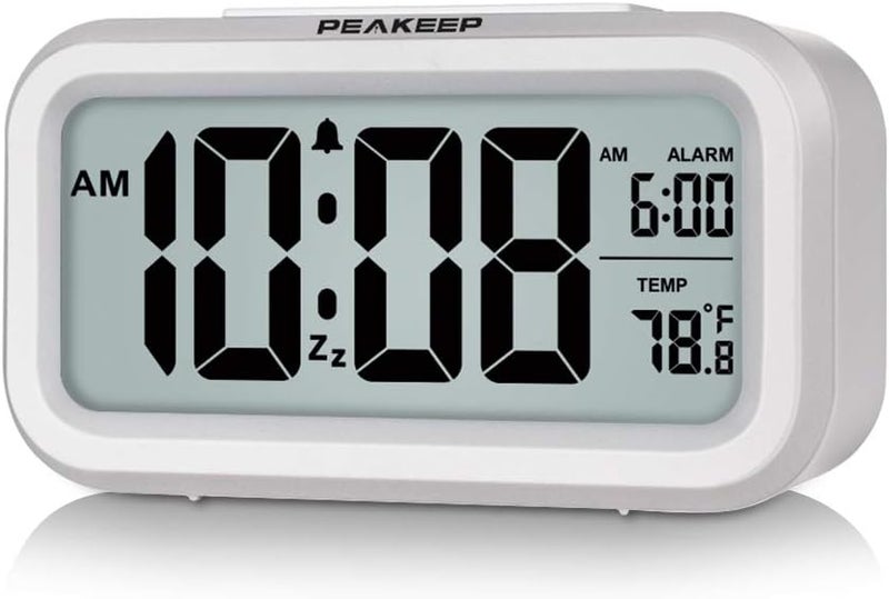 Peakeep Night Light Digital Alarm Clock Battery Operated with Indoor Temperature, Desk Small Clock (White) - Image 1