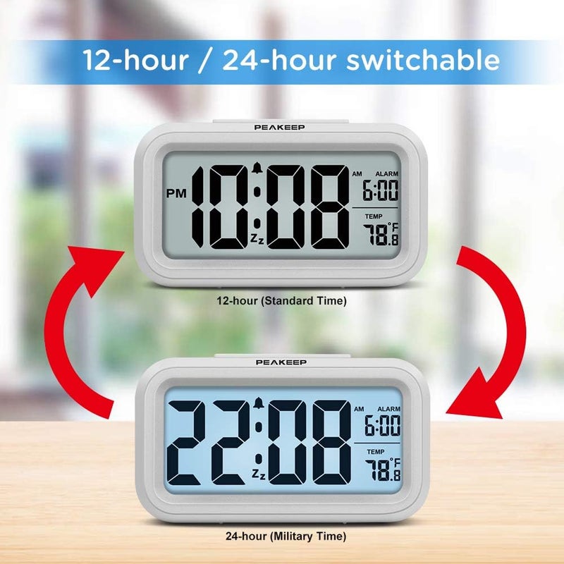 Peakeep Night Light Digital Alarm Clock Battery Operated with Indoor Temperature, Desk Small Clock (White) - Image 5