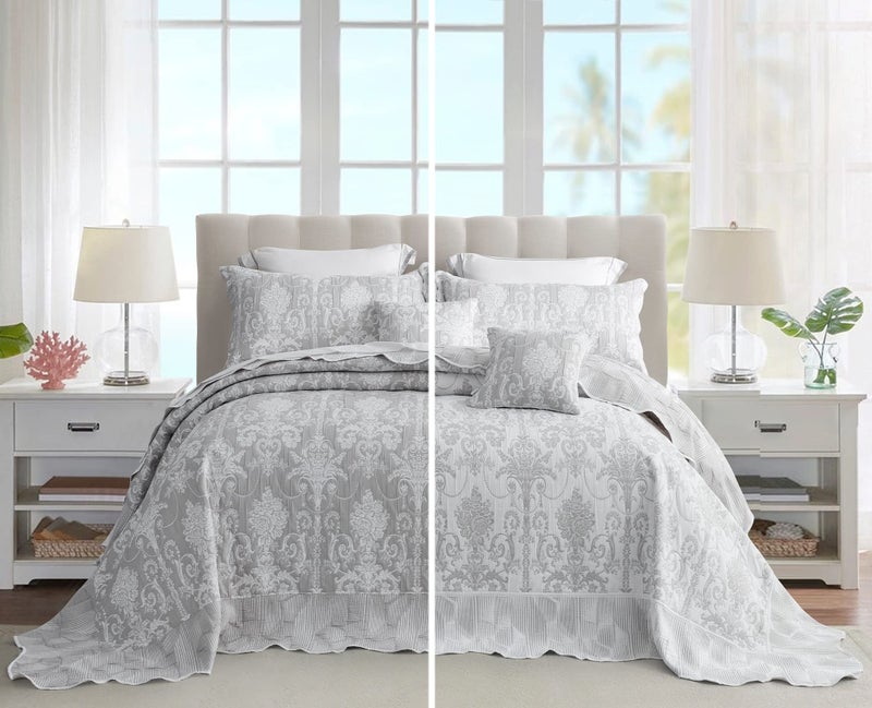 Blythease Oversized King Bedspread 128x120 Extra Wide, Jacquard Matelasse Damask Pattern Design, Lightweight, Reversible, 5 Piece, 100% Microfiber, Gray - Image 1