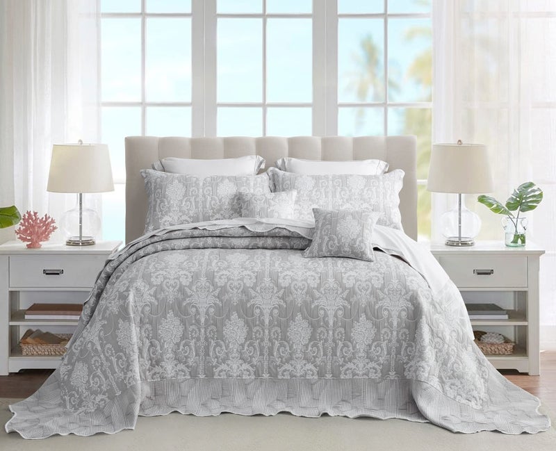 Blythease Oversized King Bedspread 128x120 Extra Wide, Jacquard Matelasse Damask Pattern Design, Lightweight, Reversible, 5 Piece, 100% Microfiber, Gray - Image 2