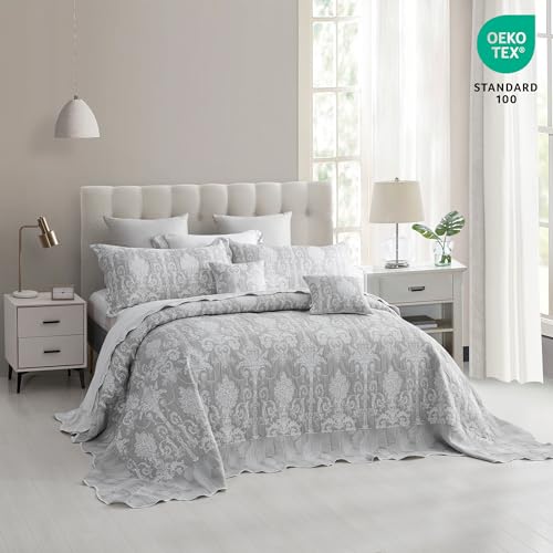 Blythease Oversized King Bedspread 128x120 Extra Wide, Jacquard Matelasse Damask Pattern Design, Lightweight, Reversible, 5 Piece, 100% Microfiber, Gray - Image 4