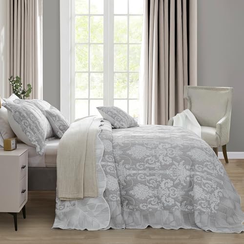 Blythease Oversized King Bedspread 128x120 Extra Wide, Jacquard Matelasse Damask Pattern Design, Lightweight, Reversible, 5 Piece, 100% Microfiber, Gray - Image 5