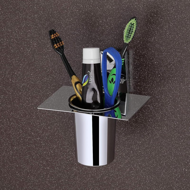 iSTAR Stainless Steel Wall Mounted Tumbler with Square Holder | Durable Rust-Free Toothbrush Toothpaste Stand for Bathroom, Wash Basin, Hotels and Home (Chrome Finish, Pack of 2) - Image 2