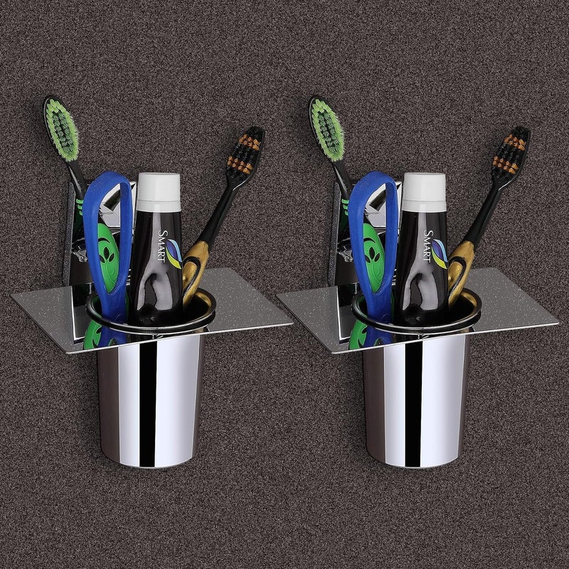 iSTAR Stainless Steel Wall Mounted Tumbler with Square Holder | Durable Rust-Free Toothbrush Toothpaste Stand for Bathroom, Wash Basin, Hotels and Home (Chrome Finish, Pack of 2) - Image 1