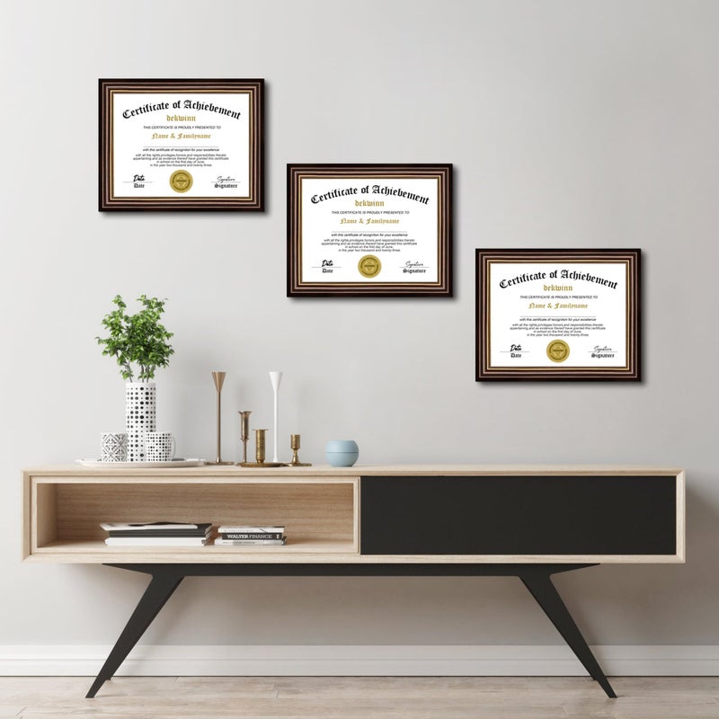 DEKWINN 8.5x11 Diploma Frames Certificate Document Frame Set of 3 Reddish Brown/Gold Trim with Real Glass for Wall Gallery or Tabletop display, Without Mat - Image 4