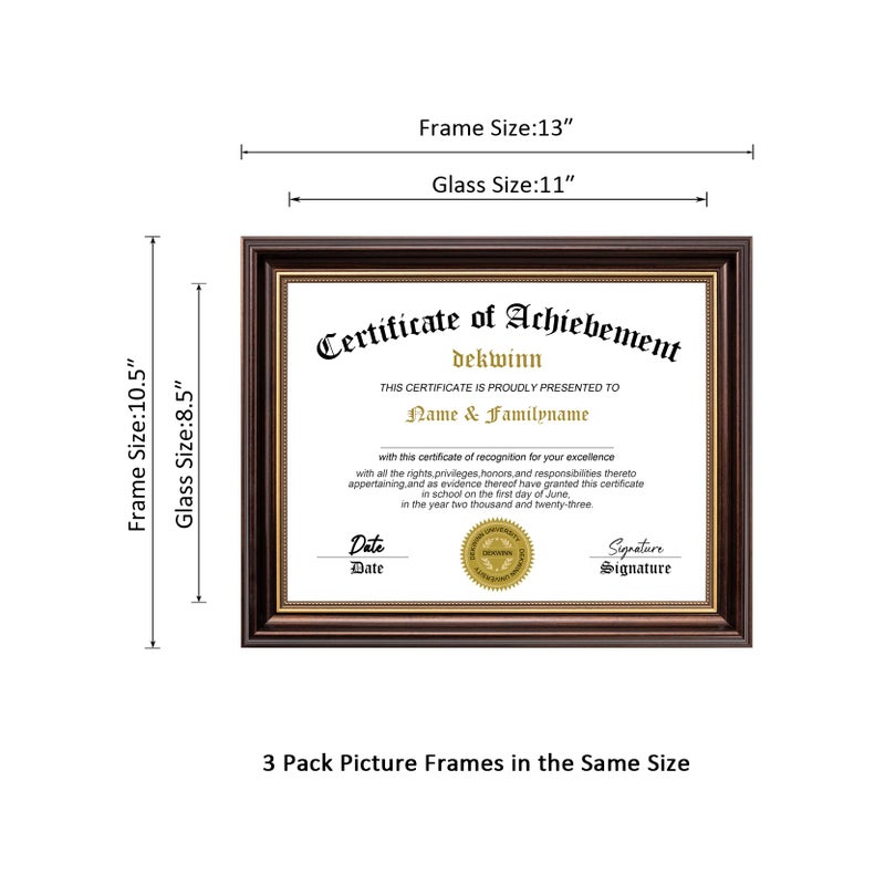 DEKWINN 8.5x11 Diploma Frames Certificate Document Frame Set of 3 Reddish Brown/Gold Trim with Real Glass for Wall Gallery or Tabletop display, Without Mat - Image 3