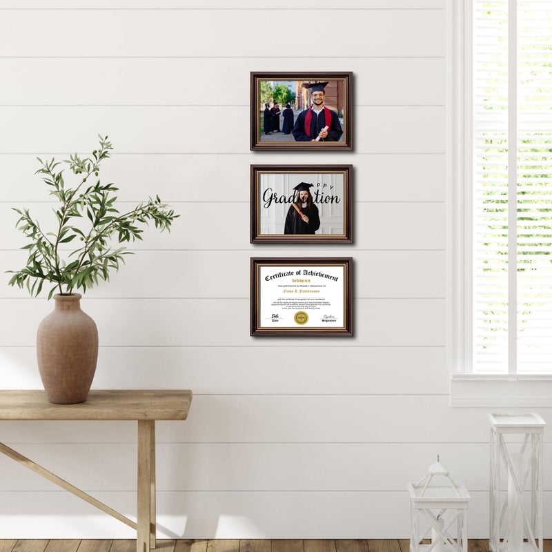 DEKWINN 8.5x11 Diploma Frames Certificate Document Frame Set of 3 Reddish Brown/Gold Trim with Real Glass for Wall Gallery or Tabletop display, Without Mat - Image 5