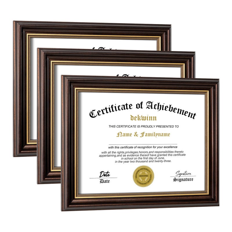 DEKWINN 8.5x11 Diploma Frames Certificate Document Frame Set of 3 Reddish Brown/Gold Trim with Real Glass for Wall Gallery or Tabletop display, Without Mat - Image 1