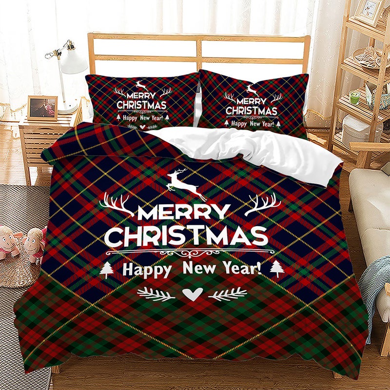 Christmas Plaid 3D Digital Printing Bed Three-Piece Set Export Quilt Set - Image 1