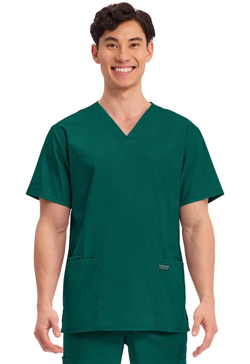 Cherokee Men's V-Neck Top Traditional fit with 4 Pockets, Ultra Soft, Durable, Fade Resistant, 2-Way Stretch Fabric - WW695, S, Hunter Green
