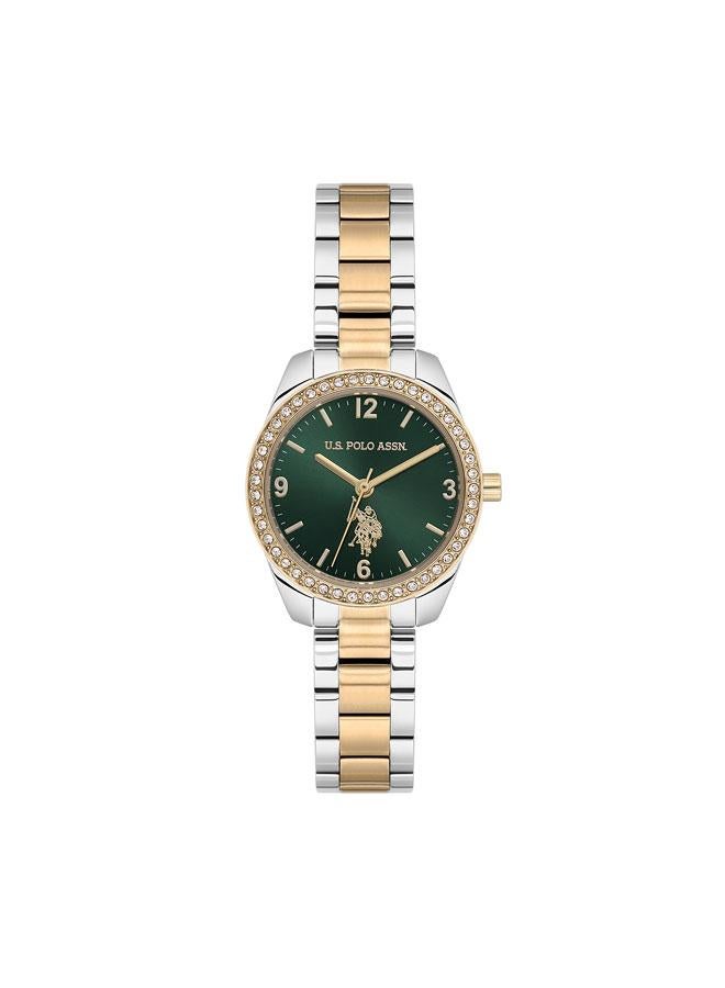 U.S. Polo Assn. Novelties Green Dial Silver Gold Stainless Steel Bracelet Analog Watch for Women 28mm - Image 1