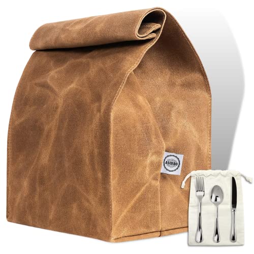 ASEBBO Waxed Canvas Lunch Bag – Reusable Insulated Paper Bag-Style Lunchbox for Adults – Leakproof & Durable Sack Lunch Box for Work, Picnic & Travel – Stylish Brown Bag Cooler with Shoulder Strap - Image 1