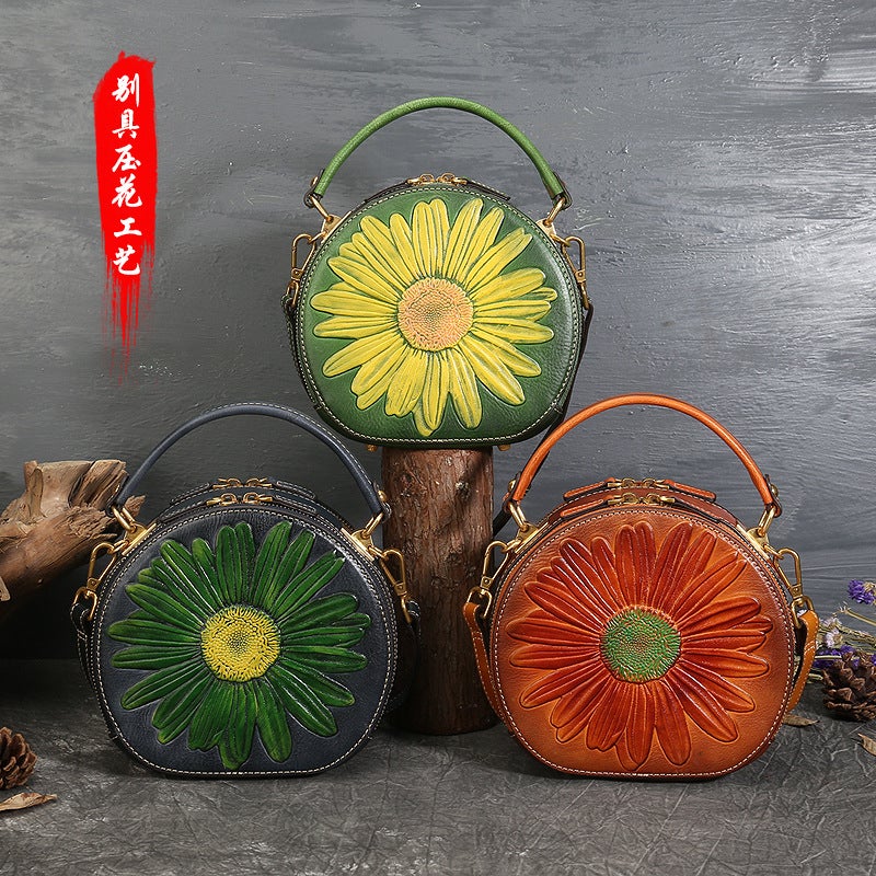 Xiaozhong Genuine Leather Women'S Bag New Women'S Handbag Vintage National Style Small Round Bag Top Layer Cowhide Shoulder Bag Crossbody Bag - Image 2