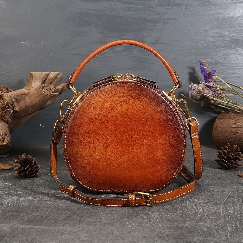 Xiaozhong Genuine Leather Women'S Bag New Women'S Handbag Vintage National Style Small Round Bag Top Layer Cowhide Shoulder Bag Crossbody Bag - Image 4