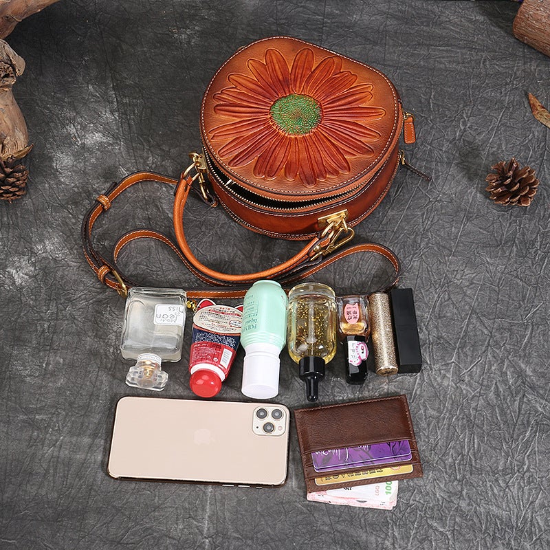 Xiaozhong Genuine Leather Women'S Bag New Women'S Handbag Vintage National Style Small Round Bag Top Layer Cowhide Shoulder Bag Crossbody Bag - Image 5