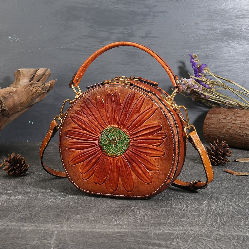 Xiaozhong Genuine Leather Women'S Bag New Women'S Handbag Vintage National Style Small Round Bag Top Layer Cowhide Shoulder Bag Crossbody Bag - Image 3