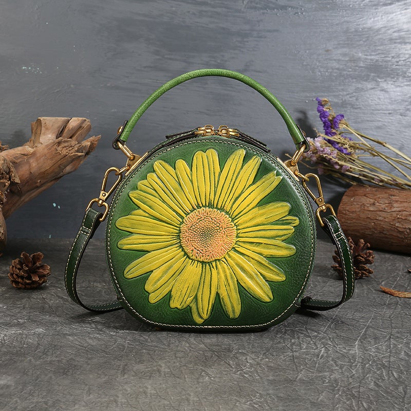 Xiaozhong Genuine Leather Women'S Bag New Women'S Handbag Vintage National Style Small Round Bag Top Layer Cowhide Shoulder Bag Crossbody Bag - Image 1