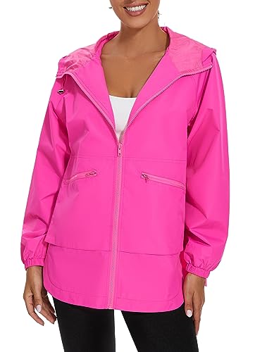 PESION Women's Waterproof Rain Jacket Lightweight Raincoat Hooded Windbreaker Trench Coat, Hot Pink, X-Large - Image 4