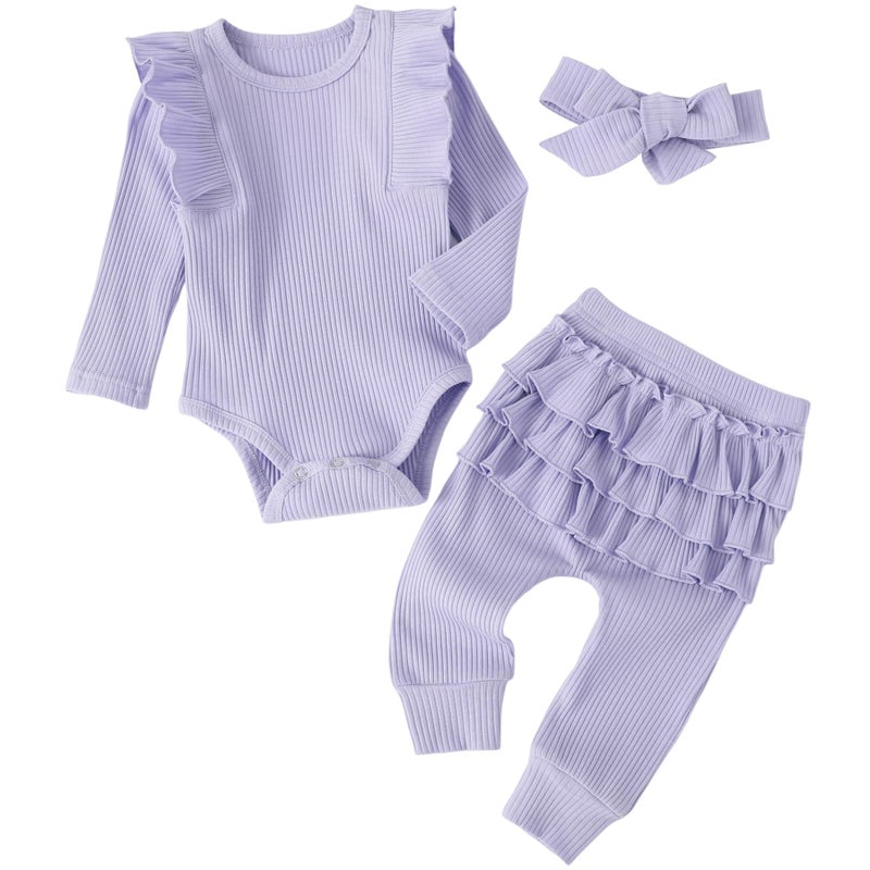 Fullfamous Baby Infant Girl Clothes Long Sleeve Fall Winter Top and Pant Clothing Set Outfits 6-9 months Lavender - Image 1