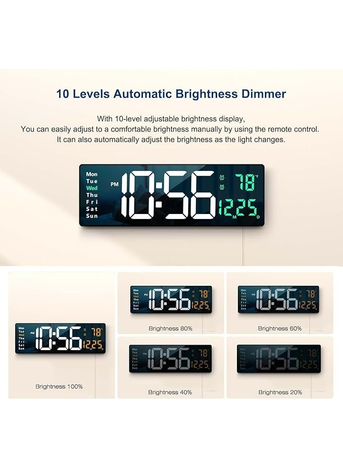 Digital Wall Clock Large Display, 15.2 Inch Large Wall Clocks, Modern LED Digital Clock with Remote Control for Living Room Decor, Automatic Brightness Dimmer Clock with Date Week Temperature (Green) - Image 4