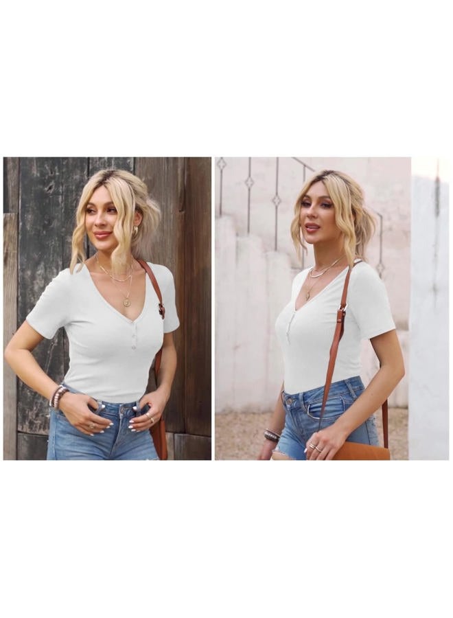 lime flare Women Summer Ribbed Knit T Shirt Tee Tops Casual Dressy Rib Tshirt Tunic, Shirts for Women, F# White Short Sleeve, M - Image 3