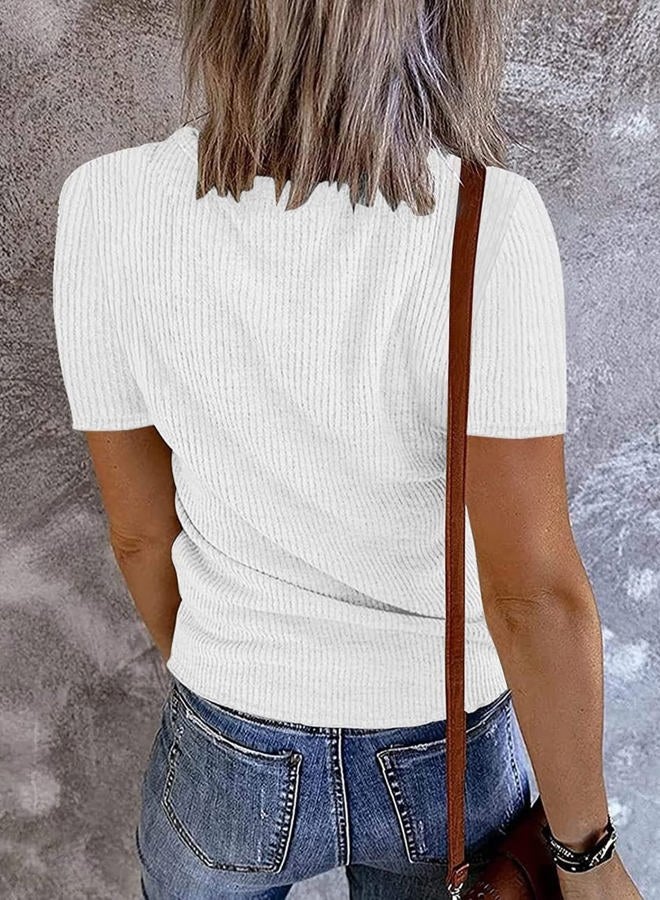 lime flare Women Summer Ribbed Knit T Shirt Tee Tops Casual Dressy Rib Tshirt Tunic, Shirts for Women, F# White Short Sleeve, M - Image 2