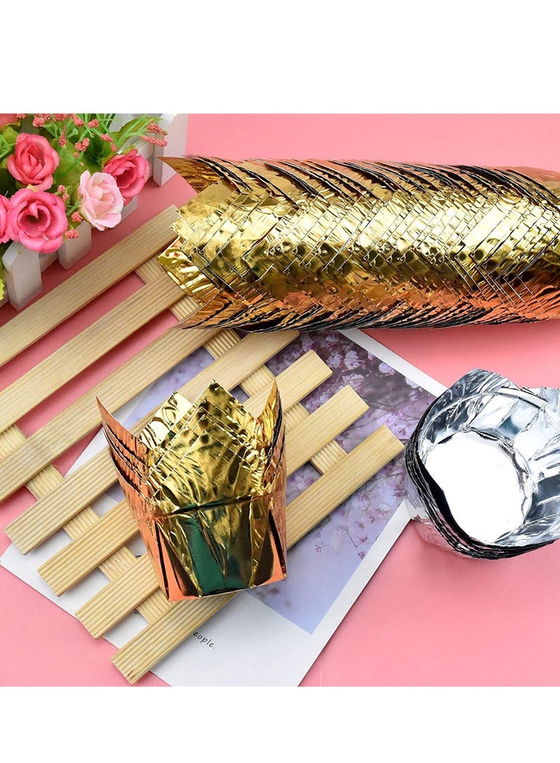 Baking Paper Cups 100 Pcs Silver Gold Cupcake Muffin Tulip Liners Ideal for Parties Birthdays Medium Large Cakes - Image 3