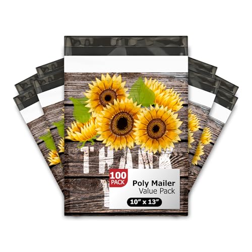 Pro Supply Global 10x13 (100) Sunflower Thank You Fall Designer Poly Mailers Waterproof Self Sealing Tear Resistant Polymailers Shipping Envelopes Premium Printed Bags For Small Businesses - Image 1