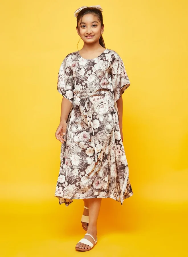 AKS Brown Floral Printed Kaftan Midi Dress for Girls