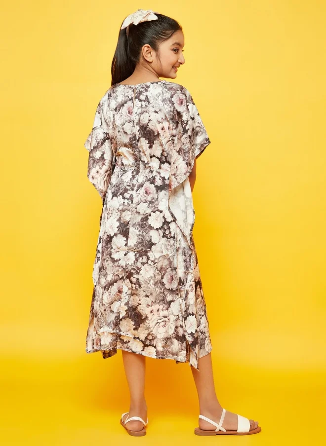 AKS Brown Floral Printed Kaftan Midi Dress for Girls