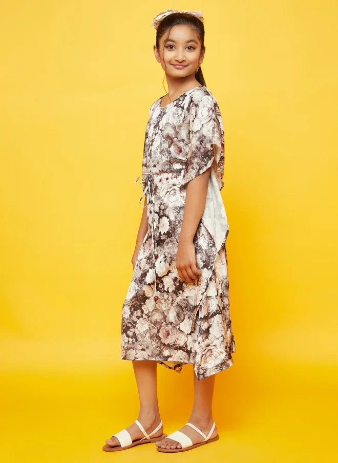 AKS Brown Floral Printed Kaftan Midi Dress for Girls