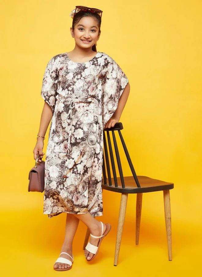 AKS Brown Floral Printed Kaftan Midi Dress for Girls