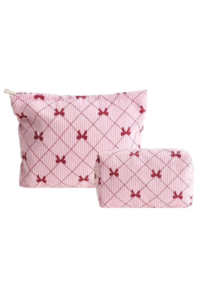 Lydztion LYDZTION 2PCS Cute Corduroy Makeup Bag for Women, Small Makeup Bag Set Travel Toiletry Bag Coquette Cosmetic Bag Bow Makeup Bag Portable Versatile Zipper Pouch-Pink 