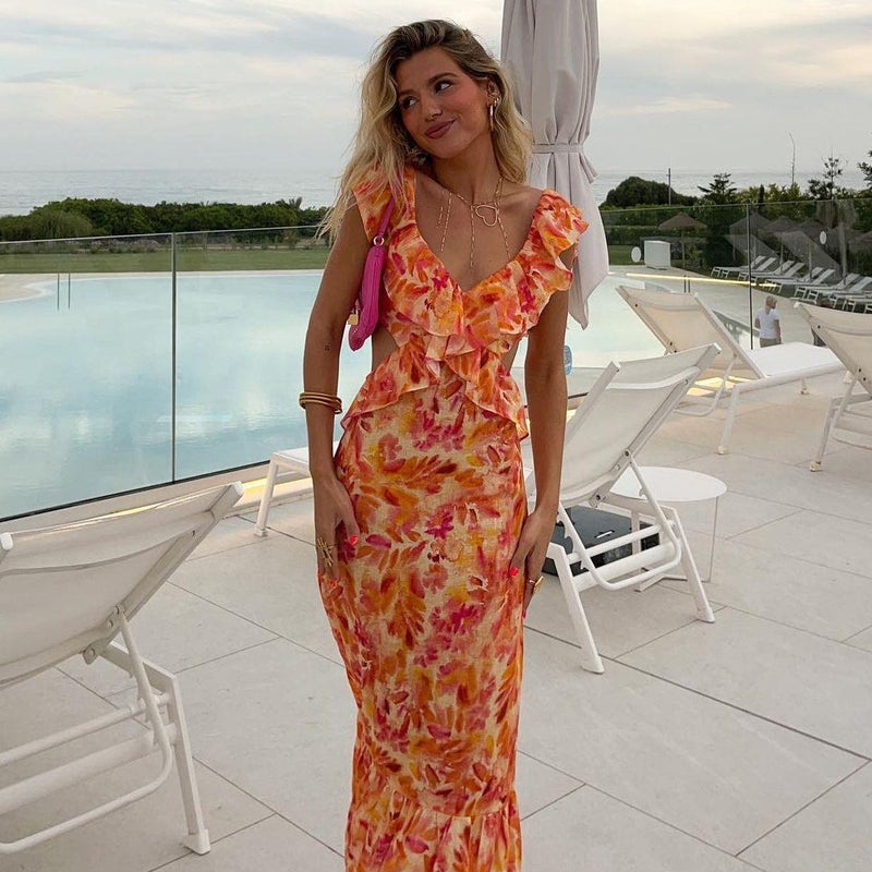 Women's European & American Style Spaghetti Strap Printed Ruffle Maxi Dress - Image 1