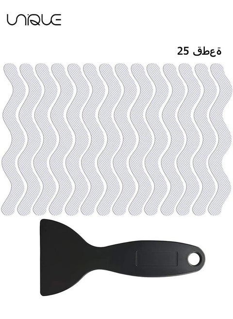 25 PCS  Anti Slip Shower Stickers - S-Shape Clear Non-Slip Safety Bathtub Strips, Adhesive Decals Scraper for Bathroom Tubs Stairs Pools Kitchen Shower - With Scraper
