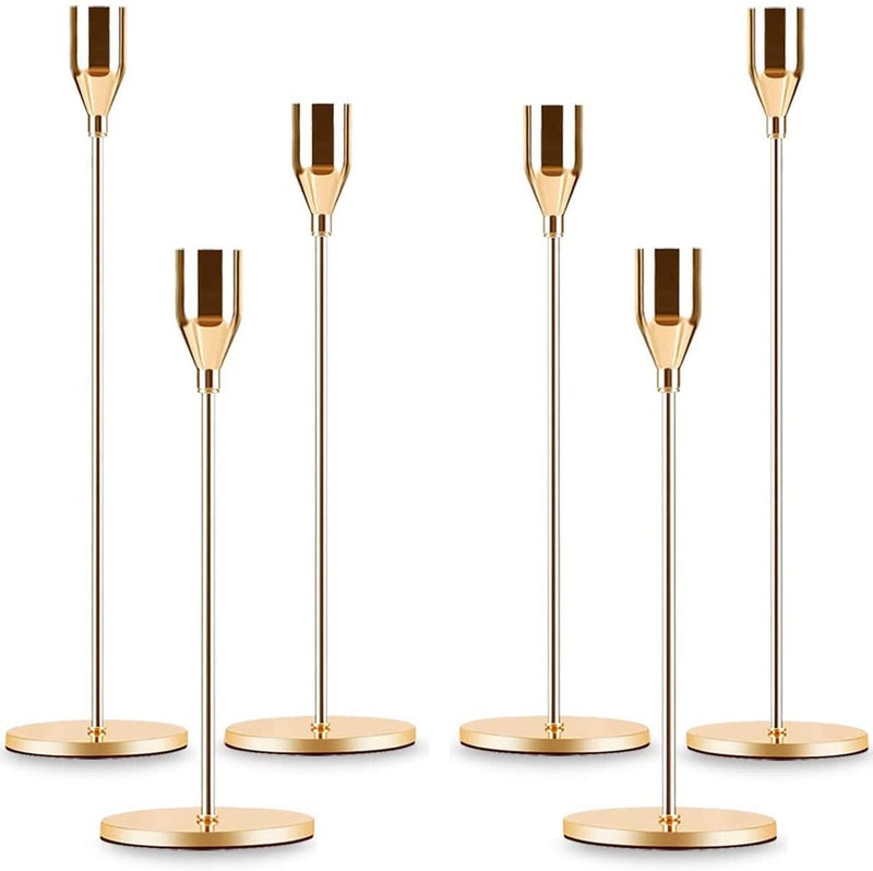 Gold Taper Candle Holder Set of 6 Brass Gold Tall Candlestick Holders Metal Vintage Candle Stickers Long Holder Set Pillar Decorative Candle Holder Fits 34 Inch Candle