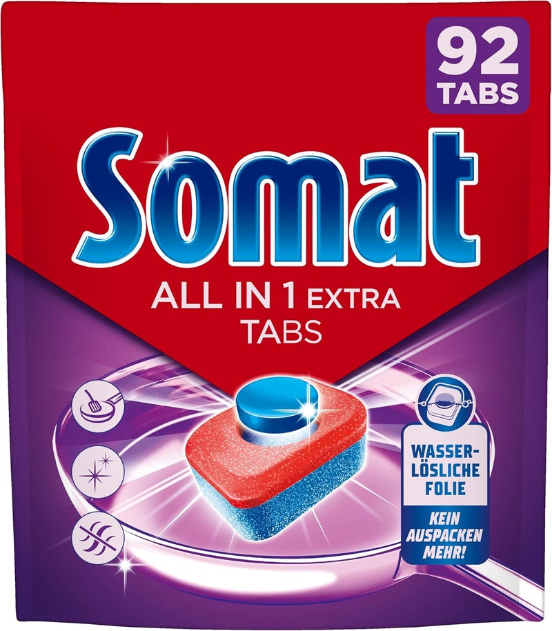Somat All in 1 Extra Dishwasher Tablets (92 AW), Dishwasher Tablets for Radiantly Clean Dishes, Even in Low Temperature, Short & Eco Programs, Removes Crusted Items, Provides Brilliant Shine - Image 1