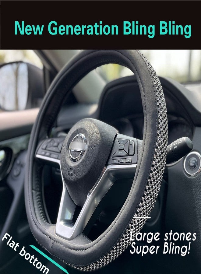 PINCTROT غطاء عجلة قيادة مريح على شكل حرف D من PINCTROT مزين بأحجار الراين الكريستالية الكبيرة، مصنوع من جلد ماسي مانع للانزلاق، قاعدة مسطحة مقاس 14.5-15 بوصة (أسود) - Image 2