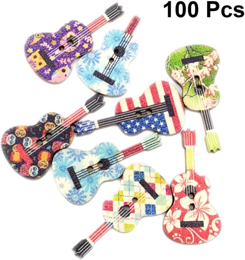 klarako 100PCS Mixed Wood Buttons Flower Guitar Shape Colorful Buttons Cute Decorative Buttons with2 Holes for DIY Sewing Craft Scrapbooking Random Color - Image 2