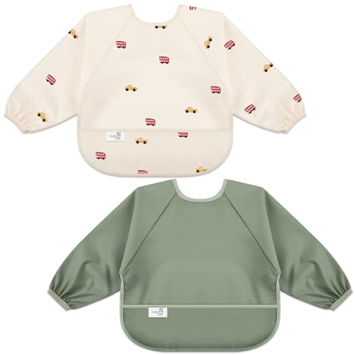 BebeBiu Long Sleeve Baby Bib, Waterproof Fabric, Full Coverage with Catch-All Pocket, Baby Smock Bib, Adjustable Sleeves Toddler bib for Ages 6-24 Months (Cars Sage, Small 6-24 Months) - Image 1