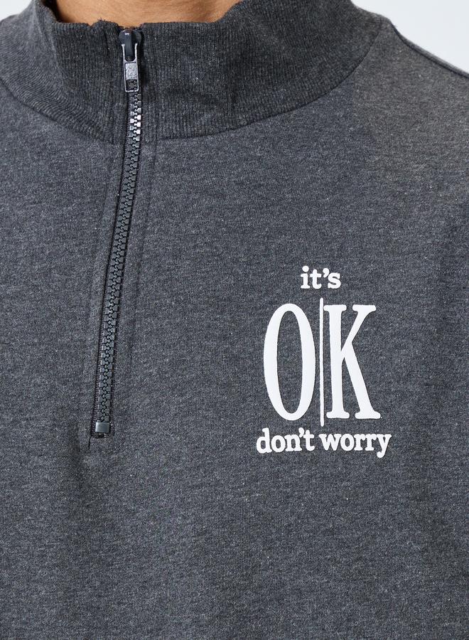 Styli Charcoal Grey Half-Zip Slogan Print Sweatshirt - Image 4