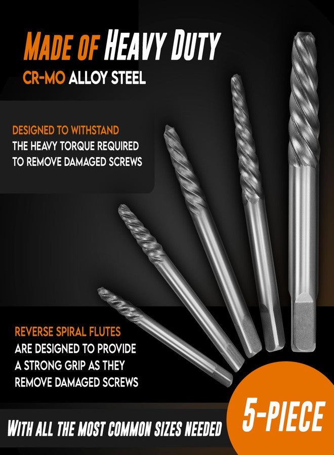 AMERICAN MUTT TOOLS مجموعة أدوات استخراج البراغي من موت تولز، مكونة من 5 قطع - مجموعة استخراج البراغي سهلة الإزالة مع فولاذ سبائك الكروم والموليبدينوم - أداة استخراج براغي حلزونية للبراغي المكسورة والتالفة - أداة احترافية لإزالة البراغي - Image 3