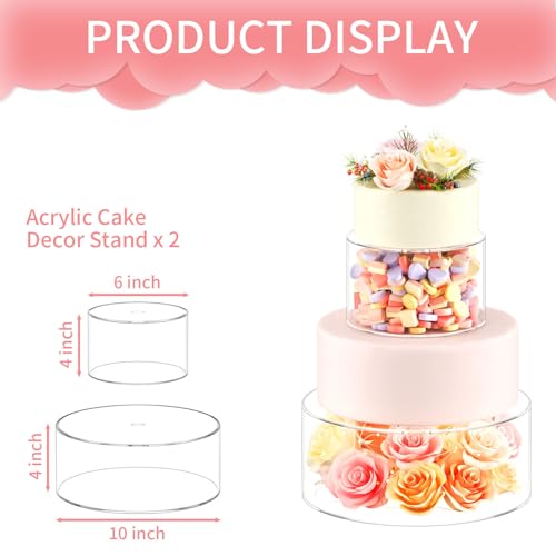 NPPLUS 2PCS حامل كعكة أكريليك قابل للتعبئة، قاعدة كعكة، حامل عرض أسطواني دائري، صندوق عرض، مركز زخرفي لحفلات الزفاف وأعياد الميلاد (10" Dx4 H بوصة، 6" Dx4 H بوصة) - Image 3
