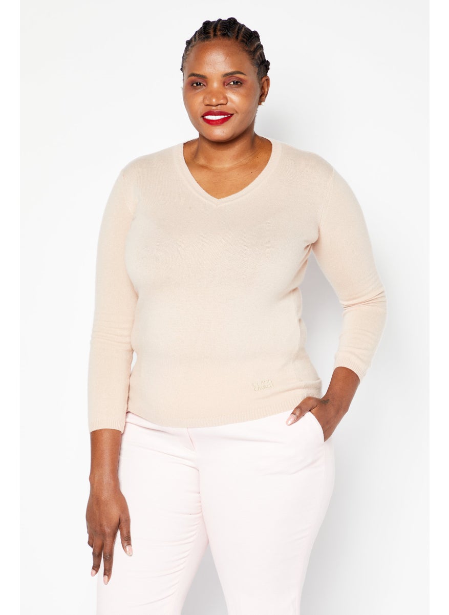 Cavalli Class Women V-Neck Long Sleeve Brand Logo Sweater, Blush  - Image 1