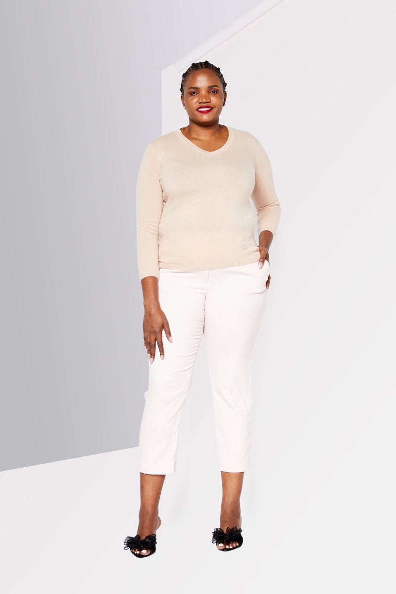 Cavalli Class Women V-Neck Long Sleeve Brand Logo Sweater, Blush - Image 4